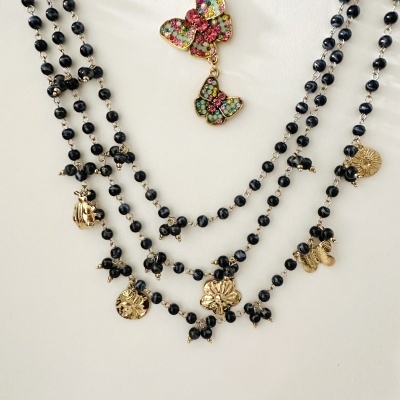 Colar triplo, em aço - preto e cinza