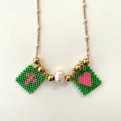 Colar Escapulário com missangas japonesas e pérola barroca - Coração e cruz #19