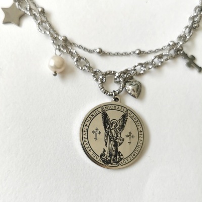 Colar duplo com os nomes dos 7 Arcanjos - Figura de  Arcanjo S. Miguel, em prateado