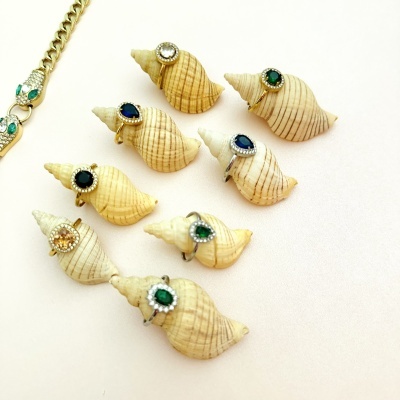 Anéis decorativos com pedras coloridas sobre conchas marinhas e corrente dourada