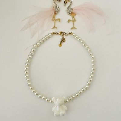 Colar pérolas com ursinho - Branco pérola