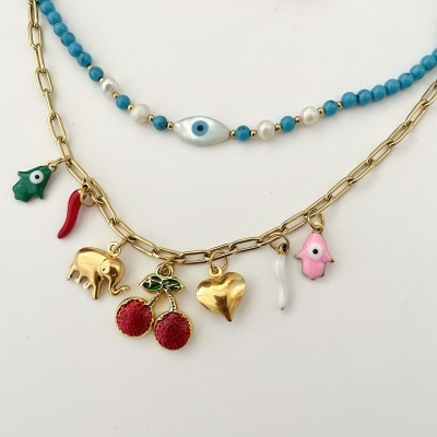 Colar Duplo com pedras naturais e pendentes 🍒