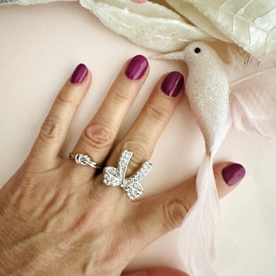 Mão com anéis prateados e ornamento branco com penas rosas