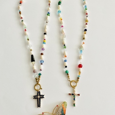 Colares pedras naturais, com cruz    #3
