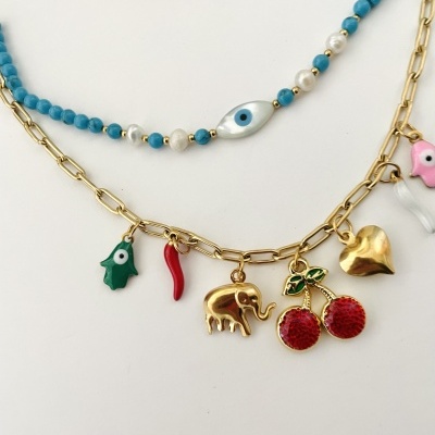 Colar Duplo com pedras naturais e pendentes 🍒