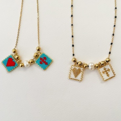 Colar Escapulário com missangas japonesas-  Coração e cruz #16