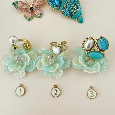 Anéis e brincos com flores azuis, pérolas, broche de borboleta rosa e verde e broche turquesa de concha