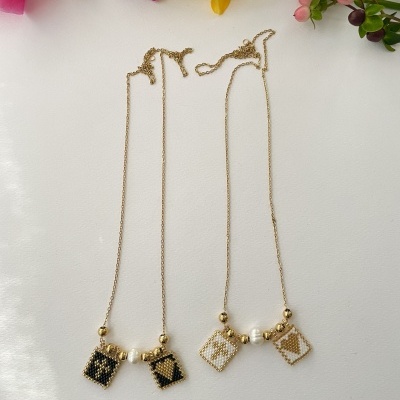 Colar Escapulário com missangas japonesas e pérola barroca - Coração e cruz #13