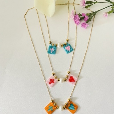 Colar Escapulário com missangas japonesas e pérola barroca - Coração e cruz #31