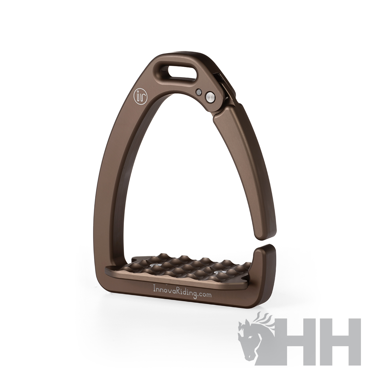 Estribo de cavalo em metal castanho com apoio antiderrapante e texto Innovariding.com