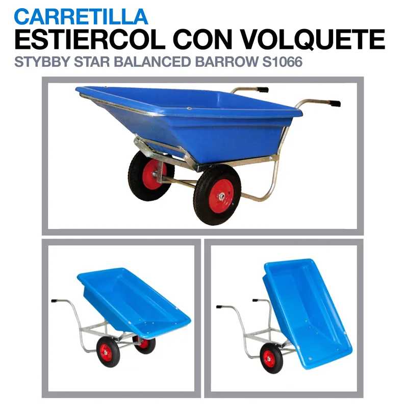 Carretilla estiercol azul com rodas vermelhas e estrutura metálica