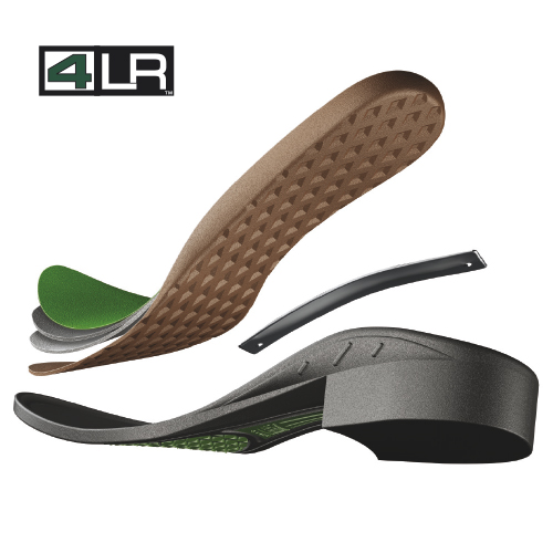 Palmilha ortopédica desmembrada em camadas com texturas castanho, verde e preto