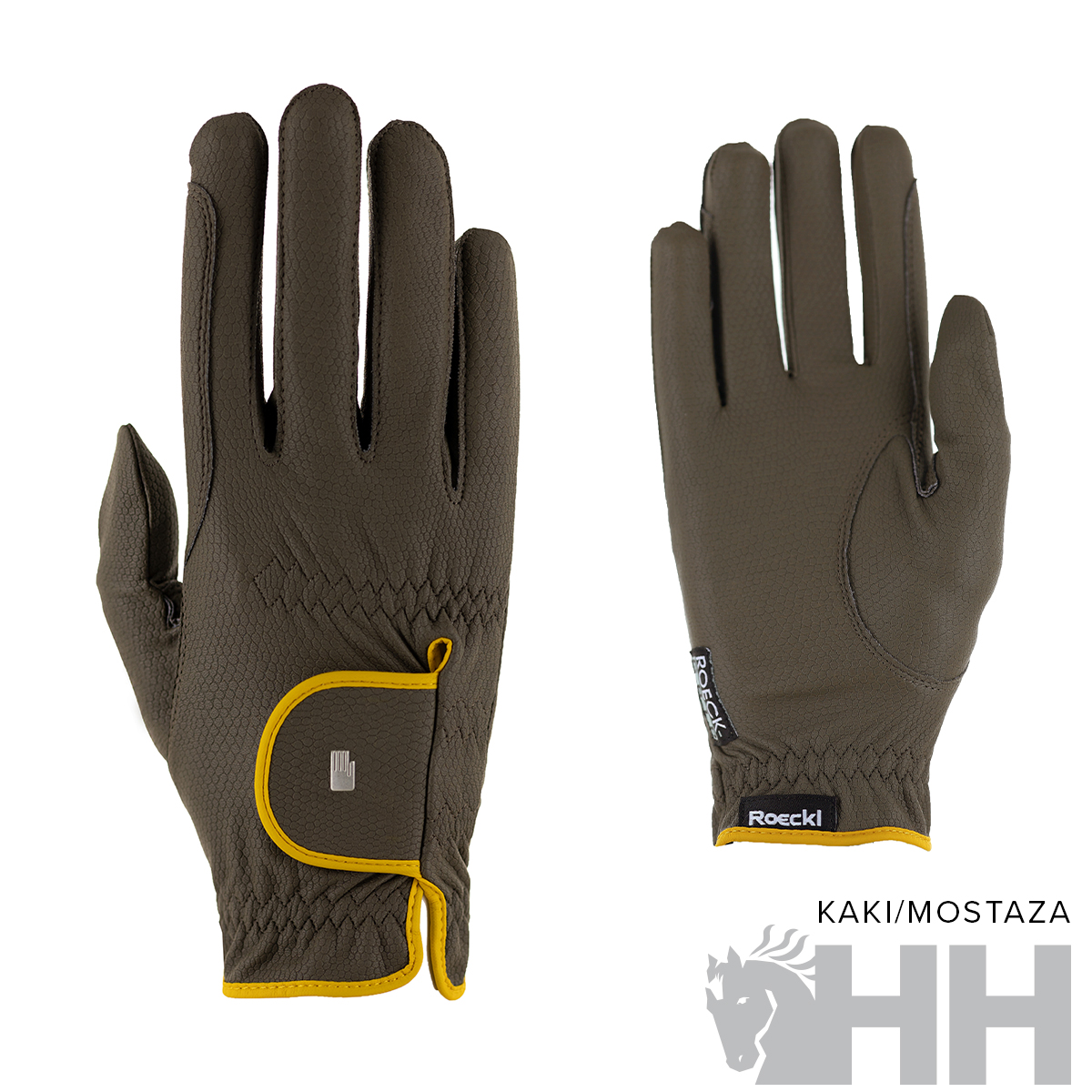 Par de luvas Roelkl kaki com detalhes mostarda