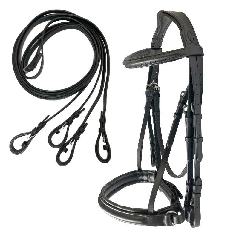 Cabresto e rédeas de treino para cavalo em couro preto com ferragens metálicas