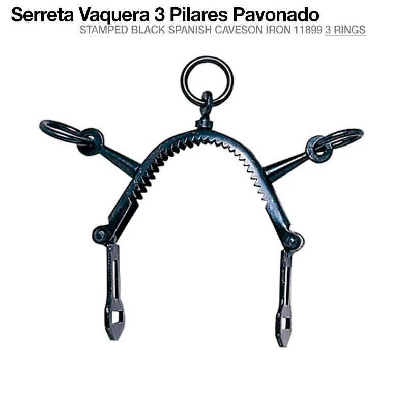 Serreta vaquera preta com três pilares e anéis circulares em fundo branco