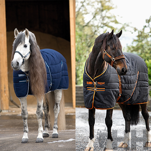 Dois cavalos com mantas acolchoadas em frente a estábulo