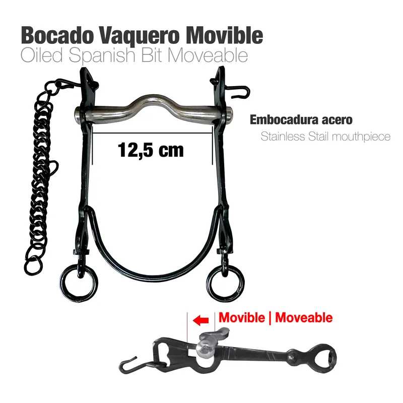Bocado vaquero movible de aço aceitado com corrente preta e peça móvel.