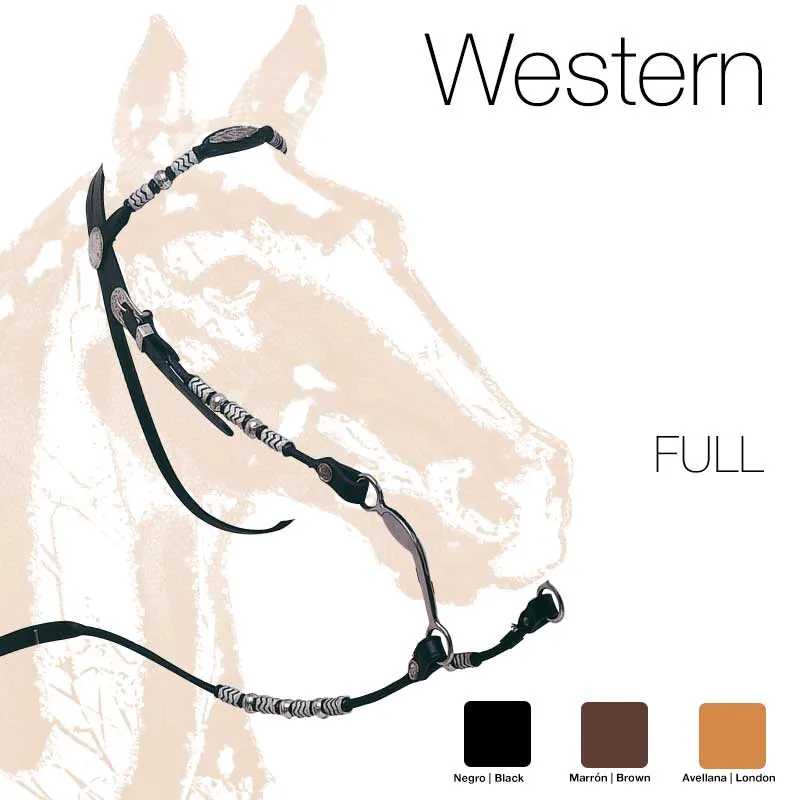 Cabresto western em couro preto, castanho e avelã com detalhes em metal e nós, indicado para cavalos, texto 'Western' e 'FULL'.