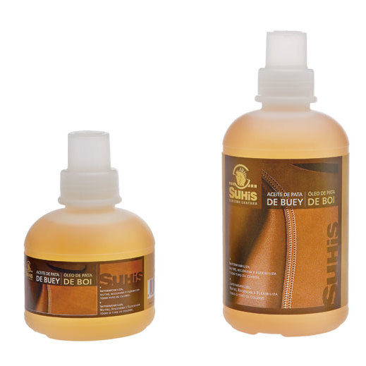 Duas garrafas de óleo de pega de boi SUHIS, rótulo castanho e tampa branca