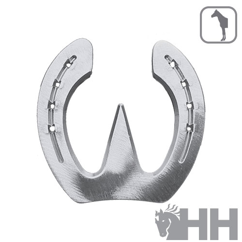 Ferradura metálica prateada com orifícios para cravos sobre fundo branco e logotipo cinzento