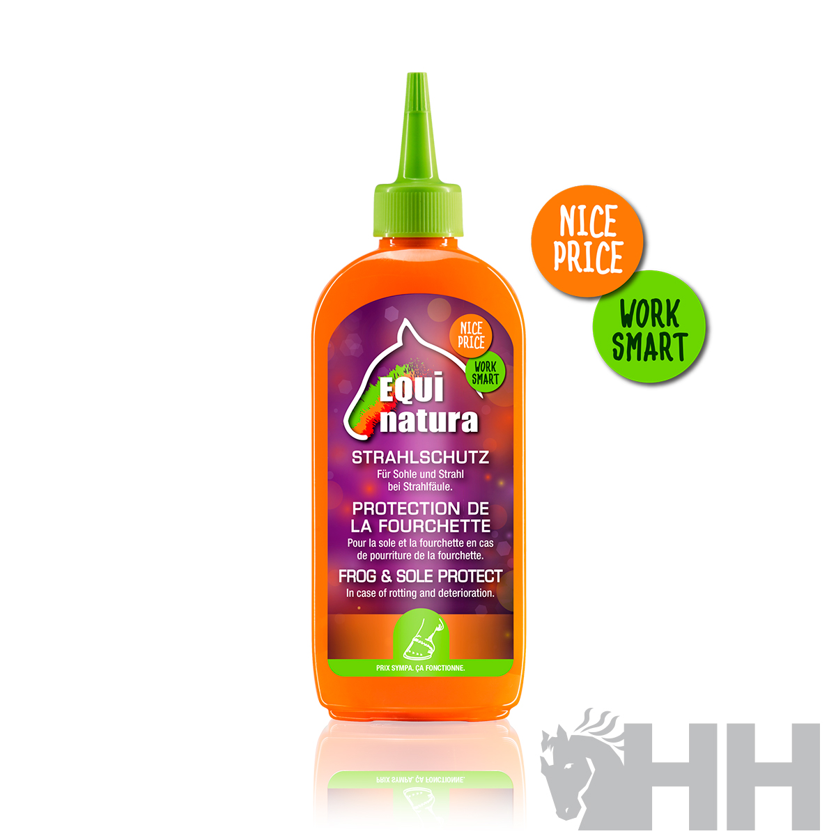 Frasco de produto Equinatura Strahlschutz com tampa verde e selos NICE PRICE e WORK SMART