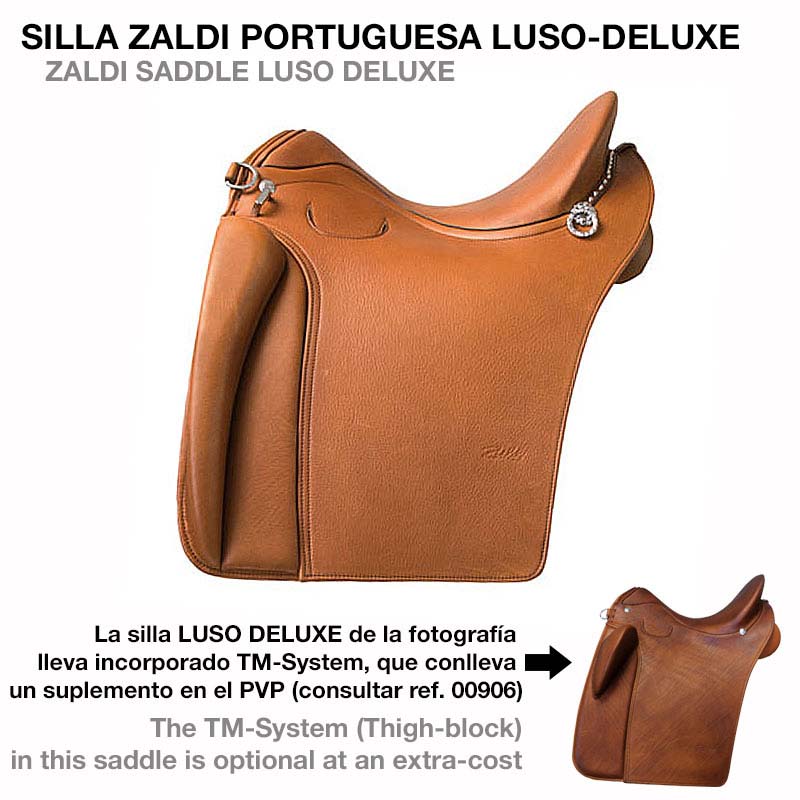 Sela de equitação Zaldi portuguesa Luso-Deluxe castanha clara com textura lisa e detalhes metálicos
