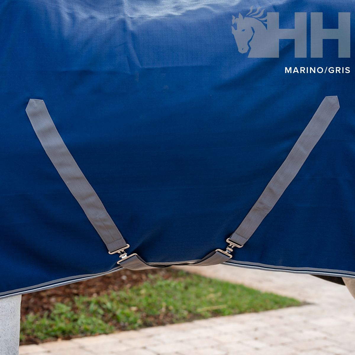 Cobertura de cavalo azul marinho com cinzento e fitas ajustáveis