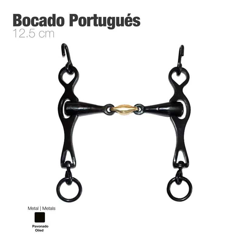 Bocado português metálico preto e dourado de 12,5 cm