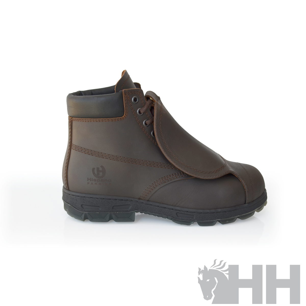 Botas de trabalho castanhas em pele com sola preta e fecho de velcro