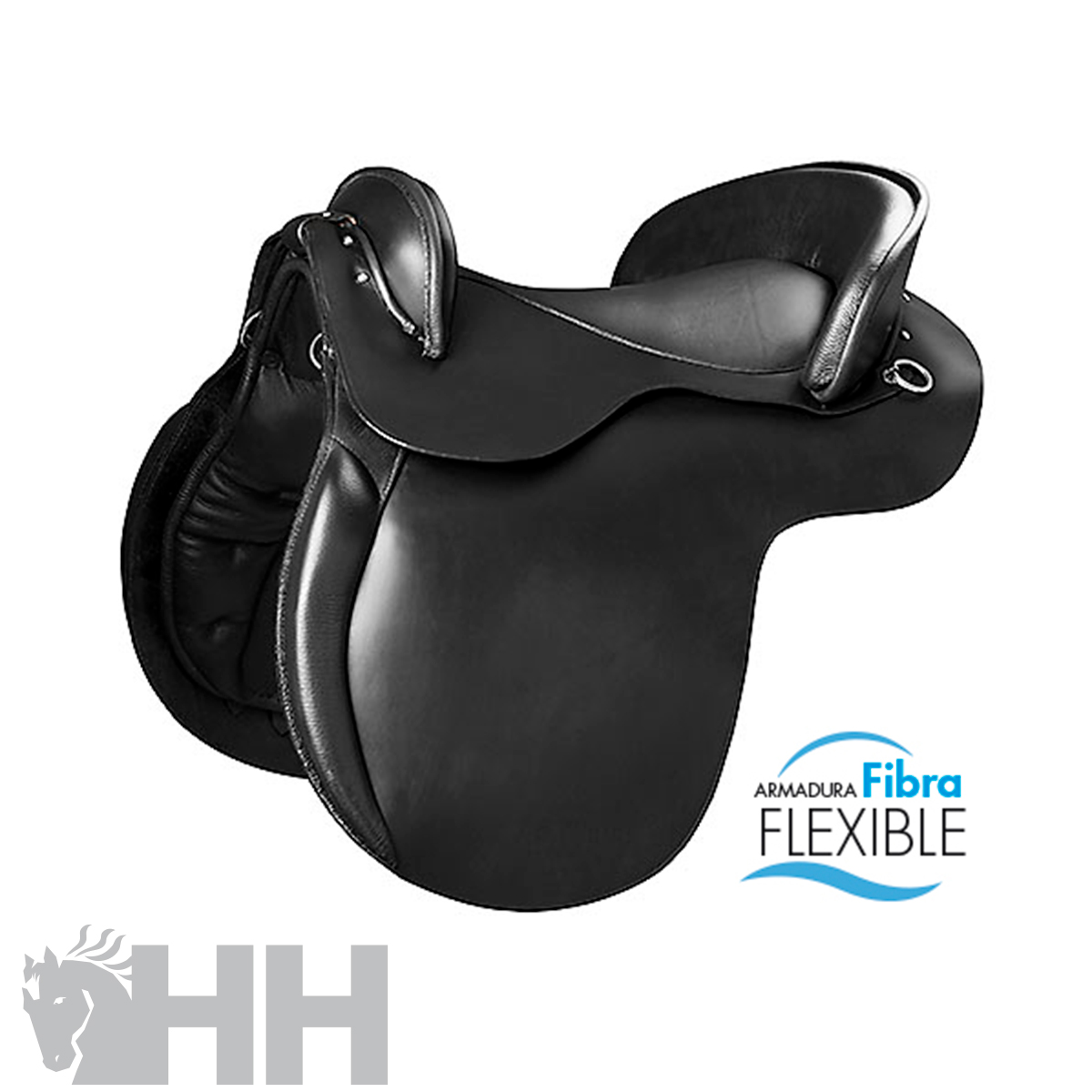 Sela de equitação preta em couro com texto ARMADURA Fibra FLEXIBLE