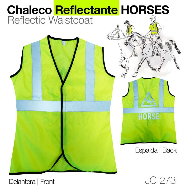 Colete Reflectante amarelo fluorescente com faixas reflexivas e impressão HORSE nas costas