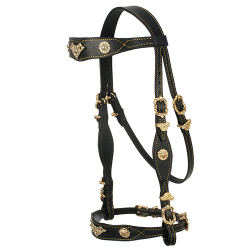 Bridão de couro preto com detalhes dourados e costuras amarelas