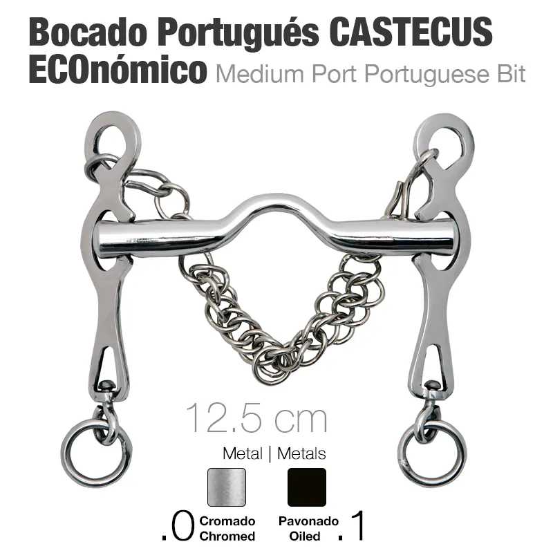Bocado português em metal cromado com corrente e argolas, 12.5 cm.