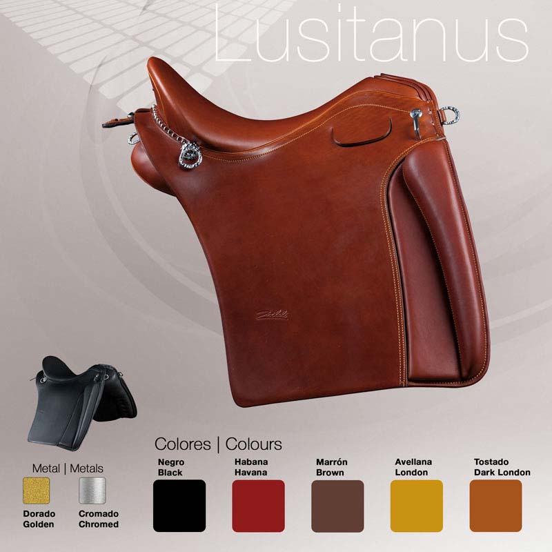 Sela de equitação em couro castanho com várias opções de cores e metais