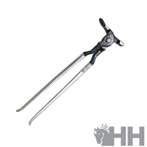 Alicate para artefatos metálicos com cabos prateados e ponta preta em fundo branco