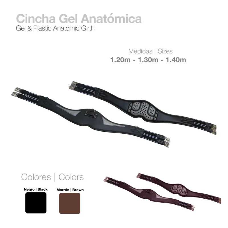 Cinchas anatómicas com gel em preto e castanho com fechos metálicos, indicação de tamanhos e cores