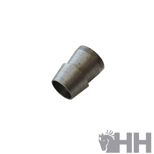 Peça metálica cónica em aço sobre fundo branco com logotipo HH