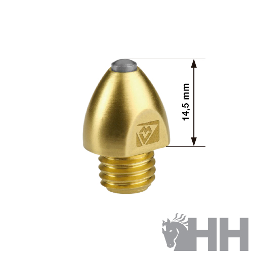 Peça metálica dourada cónica com base roscada e ponta cinzenta, 14,5 mm de altura