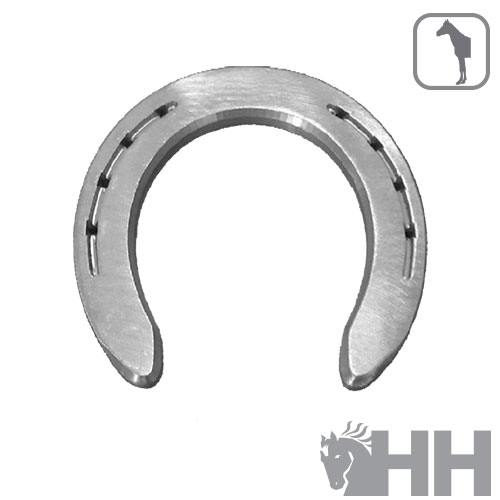 Ferradura metálica prateada com perfurações para pregos