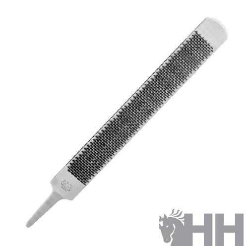 Pente metálico prateado com cabo branco e símbolo gravado no cabo