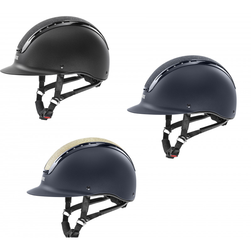 Três capacetes para equitação nas cores preto e azul-escuro com o logótipo UVEX