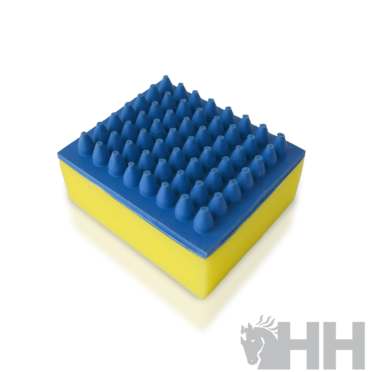 Esponja quadrada amarela com topo azul pontiagudo