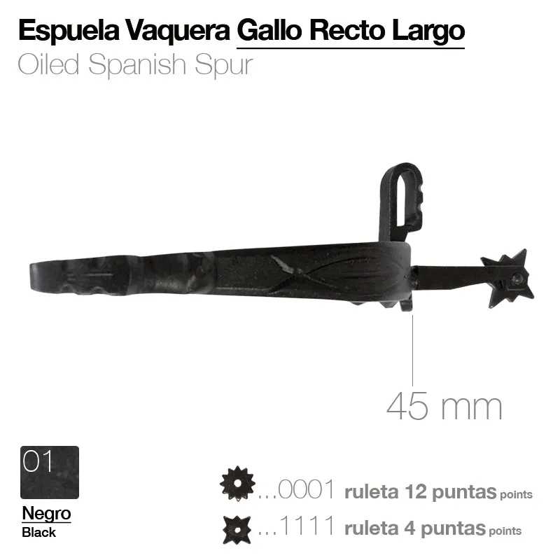 Espora vaqueira Gallo Recto Largo preta com ruletas de 12 e 4 pontas