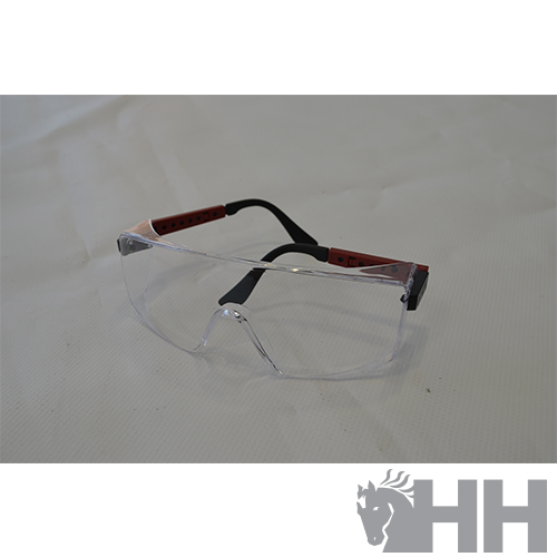 Óculos de proteção transparentes com armação preta e detalhes vermelhos nas hastes