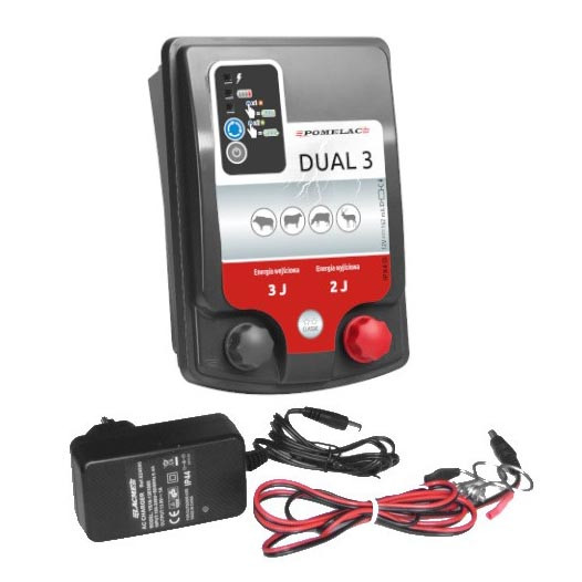 Eletrificador de cercas elétricas POSELAC Dual 3 com cabos e transformador.