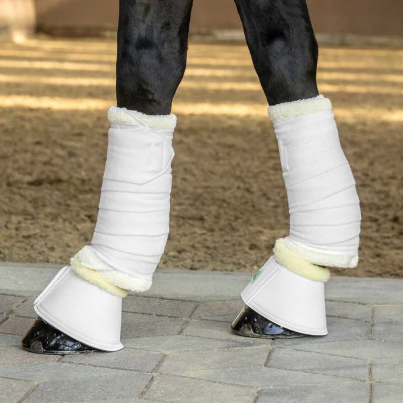 Pernas de cavalo com proteção branca e bandagens enroladas