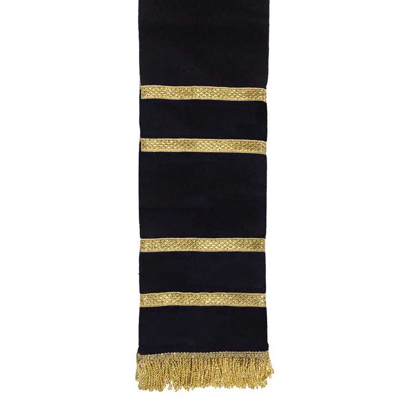 Cachecol preto com faixas douradas e franjas douradas