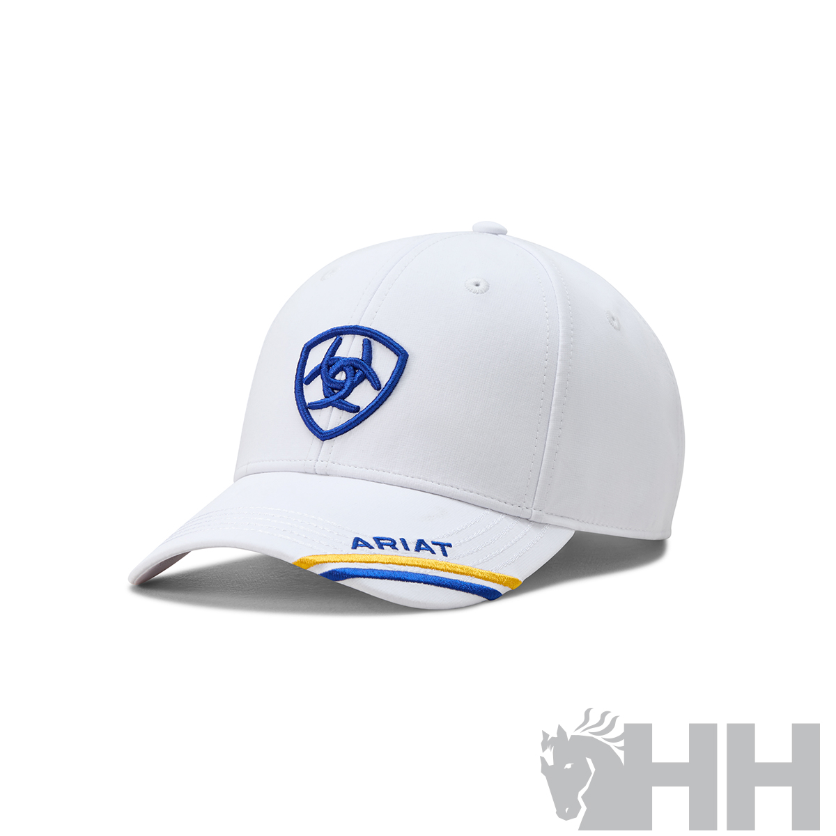 Boné branco com logo azul e palavra ARIAT na aba