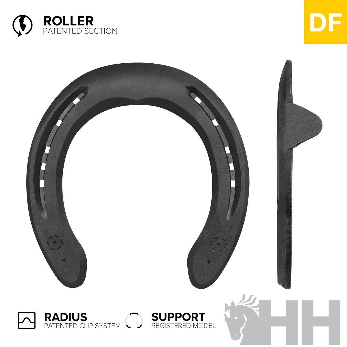 Ferradura preta sintética com texto e logótipos em fundo branco