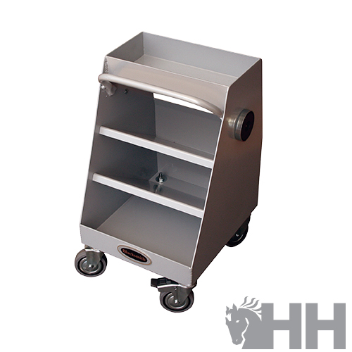 Carrinho metálico cinzento com prateleiras e rodas